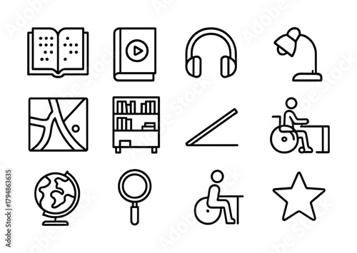 Accessible learning icons: education, map, headphones, wheelchair, globe, magnifying glass, lamp, star