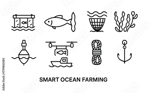Smart ocean farming icons: fish, drone, net, seaweed, anchor, rope, buoy