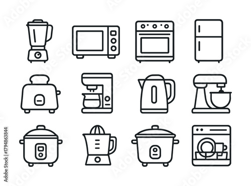 Simple line drawings of kitchen appliances including blender, microwave, and toaster