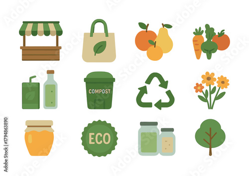 Eco-friendly icons set: recycle, organic produce, compost, sustainability symbols