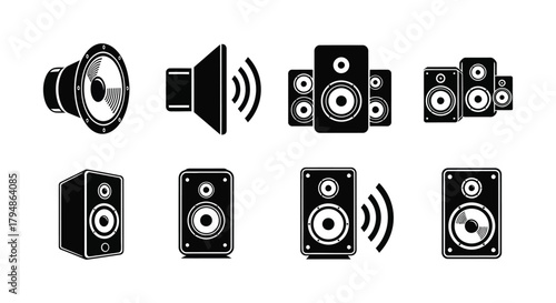 Collection of black and white speaker icons on a white background
