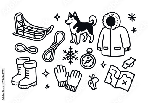 Winter adventure essentials: sled, husky, compass, map, winter jacket, boots, gloves