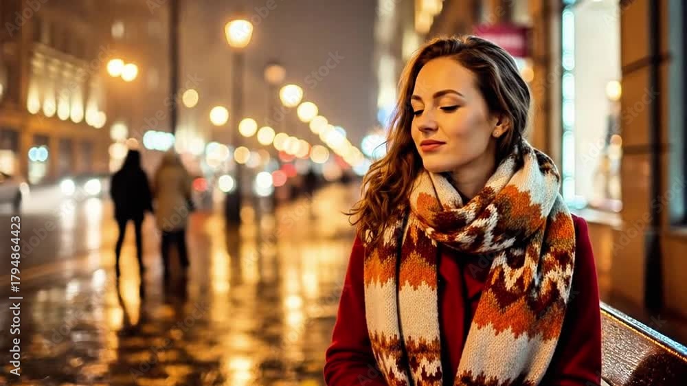 Woman with scarf sitting on bench at night with city lights looking up and smiling gently
