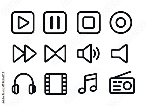 Media control icons set: play, pause, stop, record, fast forward, rewind, volume, headphones, film, music note, radio