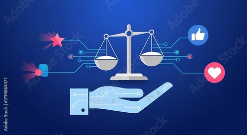 Ai ethics compliance badges ai hand balancing social media and digital connection scales