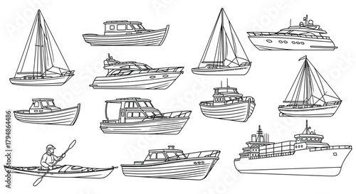 Collection of various boats and ships in black and white outline style