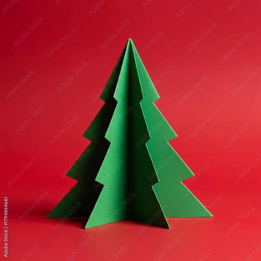 Fototapeta premium A green paper Christmas tree stands against a solid red background Holiday