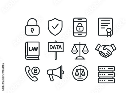 Data security and legal compliance icon set with lock and symbols