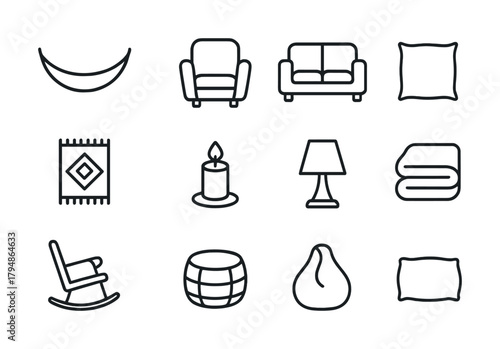 Minimalist home furniture and decor icons: armchair, sofa, lamp, blanket, and more
