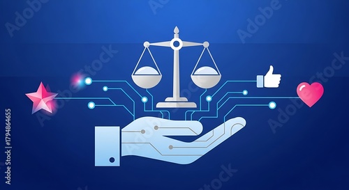 Ai ethics compliance badges digital hand holding scales of justice with social media icons