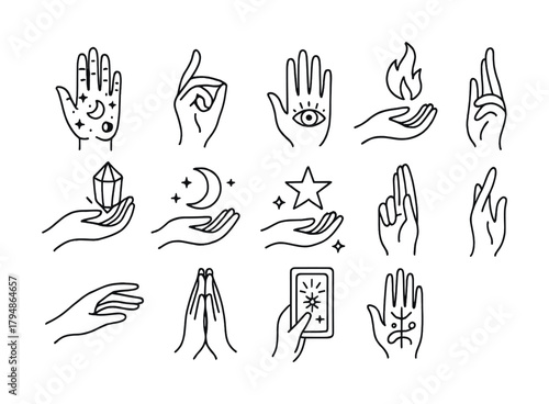 Mystical hand gestures: moon, stars, fire, and crystals in minimal black line art