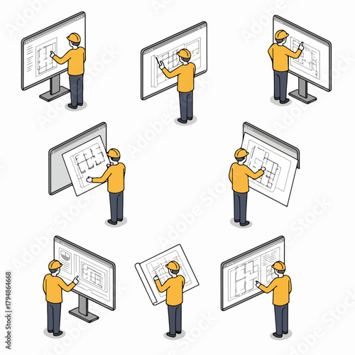 Isometric Set of Architects and Engineers Reviewing Blueprints, Floor Plans, and Digital Designs on Monitors and Paper.