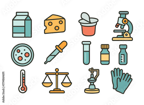 Laboratory equipment icons including microscope, thermometer, gloves, cheese, yogurt, milk, scales