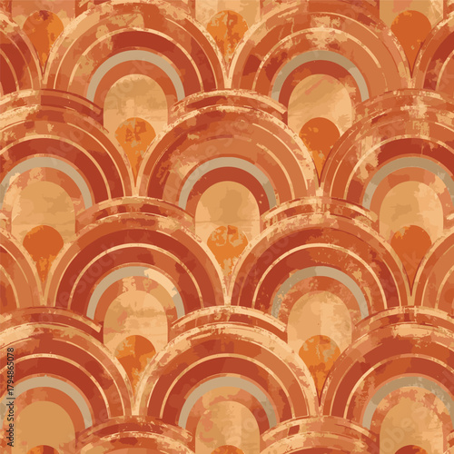 Rustic Retro Boho Scallop Rainbow Seamless Pattern with Burnt Orange, Terracotta, and Sand Tones, Hand-Painted Textured Decorative Geometric Vector Background for Wallpaper and Textile Design