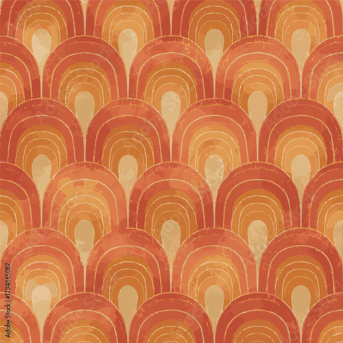 Rustic Retro Boho Scallop Rainbow Seamless Pattern with Burnt Orange, Terracotta, and Sand Tones, Hand-Painted Textured Decorative Geometric Vector Background for Wallpaper and Textile Design