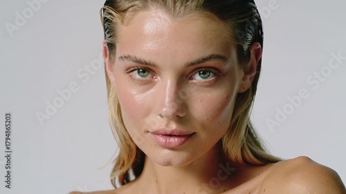Beauty video with beautiful young professional woman model with natural dew skin and slicked-back long wet hair on light background.Slow motion posing.AI Generative.