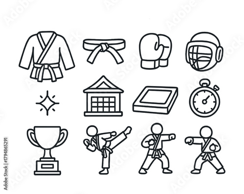 Martial arts line icons set featuring karate belt, uniform, gloves, sparring gear, and trophies