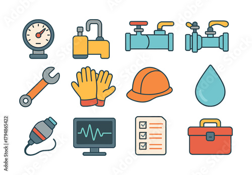 Colorful industrial tools collection with gauge, valves, wrench, gloves, helmet, and more