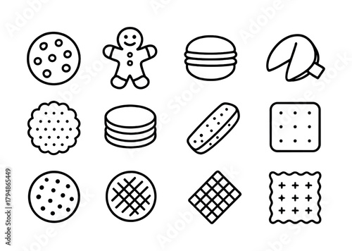 Black and white cookie icon set - assorted cookie shapes and designs