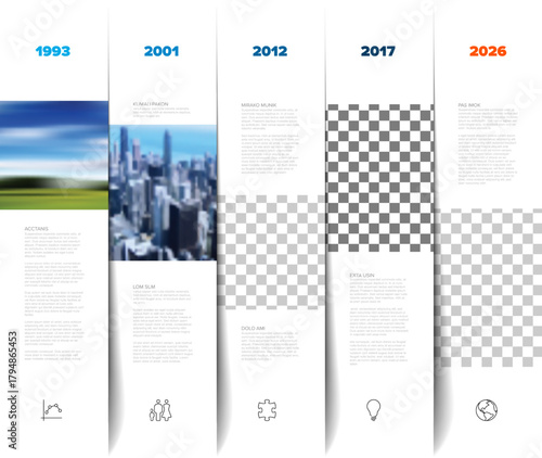 A clean and modern timeline infographic design template with five vertical columns. This adaptable timeline template with photo placeholders allows easy customization with your own images and text