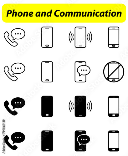 set of Phone and Communication Icons,
Minimalist Phone and Communication Icons,
Black Line and Solid Designs