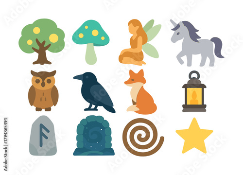 Fantasy symbols collection: unicorn, fairy, owl, fox, lantern, star, tree, mushroom