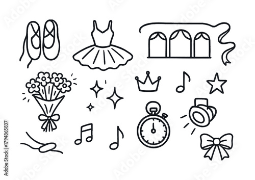 Ballet elements: shoes, tutu, music notes, crown, stopwatch, flowers, bow, arch