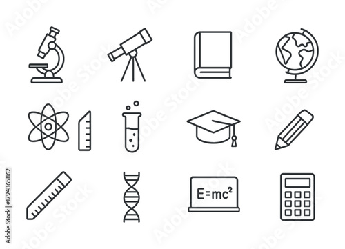 Science and education icons: microscope, telescope, book, globe, atom, beaker, graduation cap