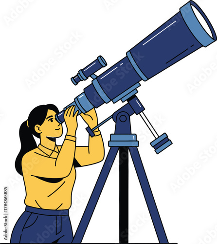 Woman observing with a telescope, pursuing scientific discovery Vector