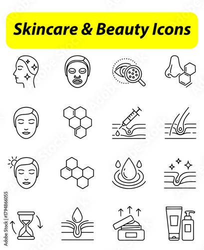 set of Skincare & Beauty Icons,
Skincare & Beauty Icons,
Minimalist Line Art Set of 15 Cosmetic and Treatment Symbols
