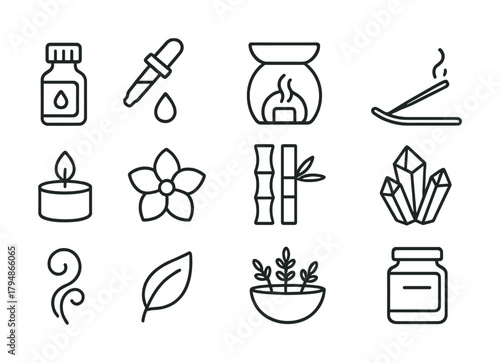 Aromatherapy and wellness: essential oils, candles, crystals, incense, bamboo icons