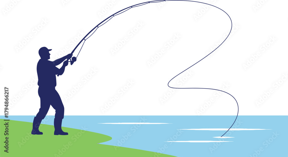 Obraz premium Fisherman casting a fishing line into water from river bank Vector