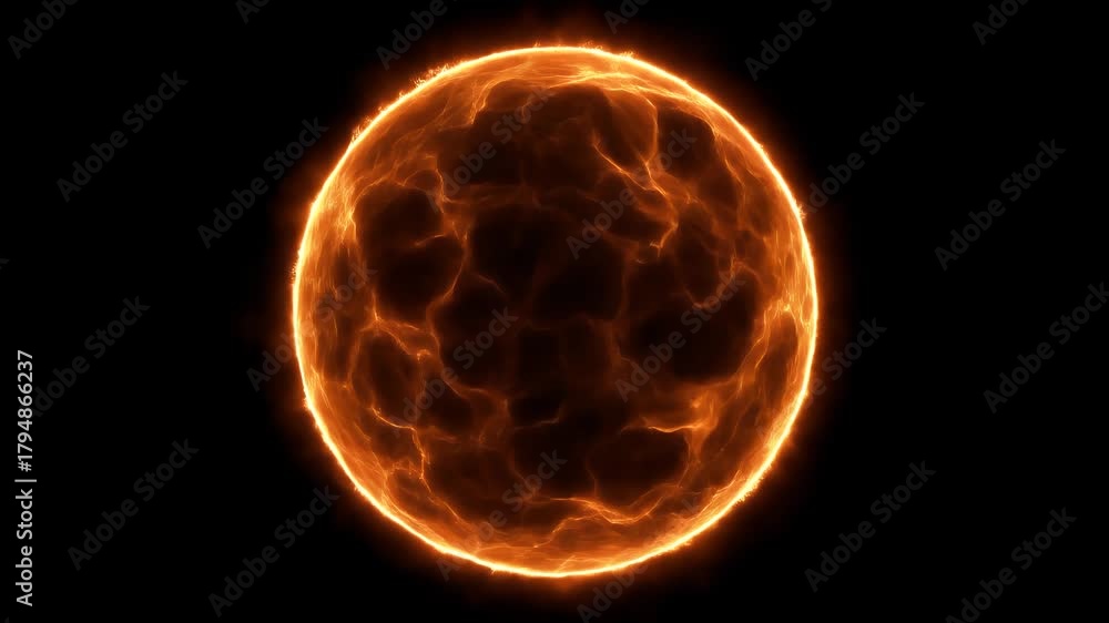Rotating sphere of fire energy glowing bright orange, isolated on black background