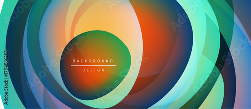 Abstract colorful circles create dynamic visual effect. Gradient hues blend, forming swirling pattern. Design suggests movement, depth.