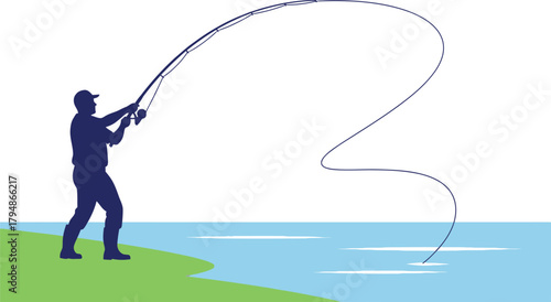 Fisherman casting a fishing line into water from river bank Vector