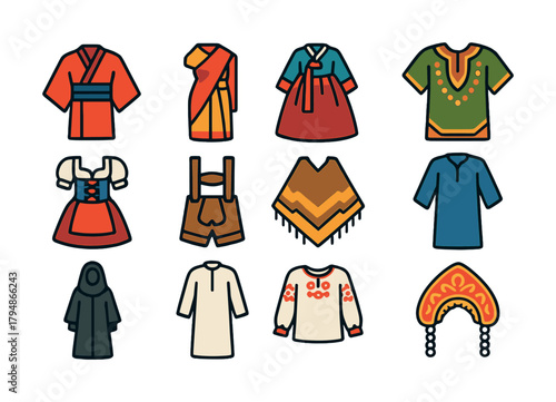 Traditional clothing icons: global cultural attire collection