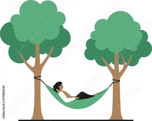 Woman relaxing in a green hammock between two trees in nature Vector