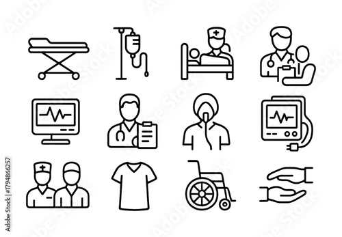 Medical icon set with healthcare professionals and equipment symbols