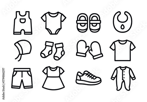 Simple line art of baby clothing and accessories collection