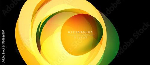 Abstract vibrant layers create circular design. Yellows, oranges, greens blend smoothly. Text reads background design. Modern visual element.
