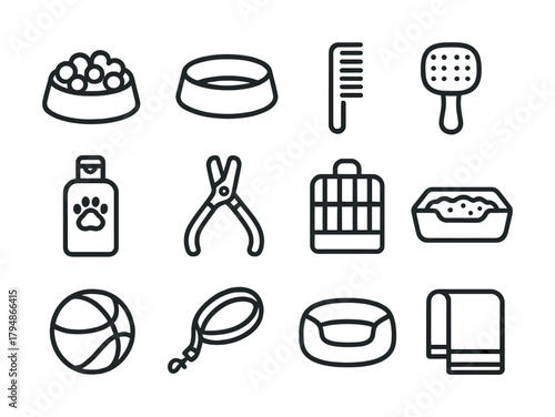 Pet care essentials: toys, grooming tools, and comfort items outlined