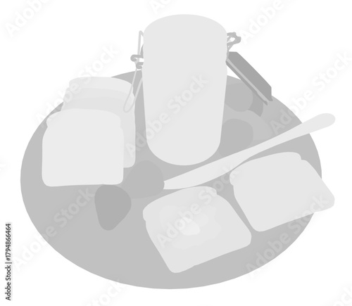 A jar of strawberry jam sits on a plate with a spoon and toast slices nearby. The breakfast scene is captured in a warm silhouette style.