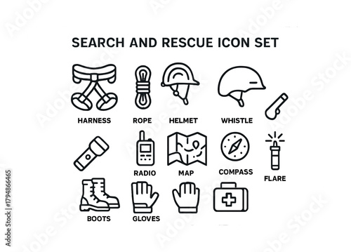 Search and rescue equipment icon set featuring helmets, rope, radio, and compass