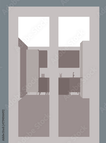 A bathroom sink and mirror with a neutral color scheme, light tile floor, and a central window providing natural light.