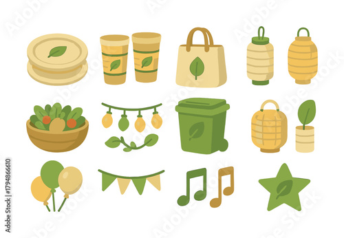 Eco-friendly party supplies and decorations featuring green and yellow tableware and decor