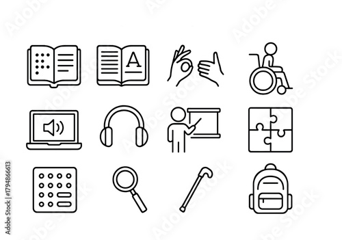 Accessibility icons: braille, sign language, wheelchair, assistive tech, education