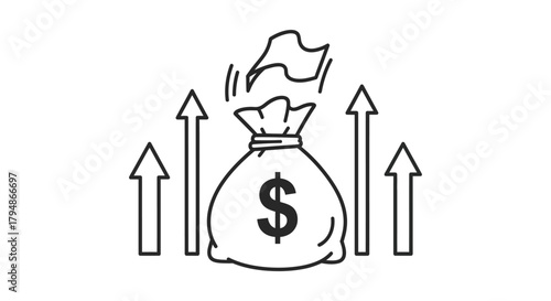 Outline drawing of money bag with dollar sign and upward pointing arrows
