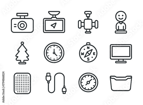 Set of black line icons: camera, gps, compass, clock, monitor, steering wheel, christmas tree, usb cable