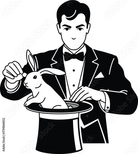Magician pulling white rabbit from top hat classic magic show Vector