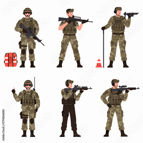 Six armed military soldiers in camouflage uniforms and tactical gear, standing in various poses, vector illustration set isolated on white.